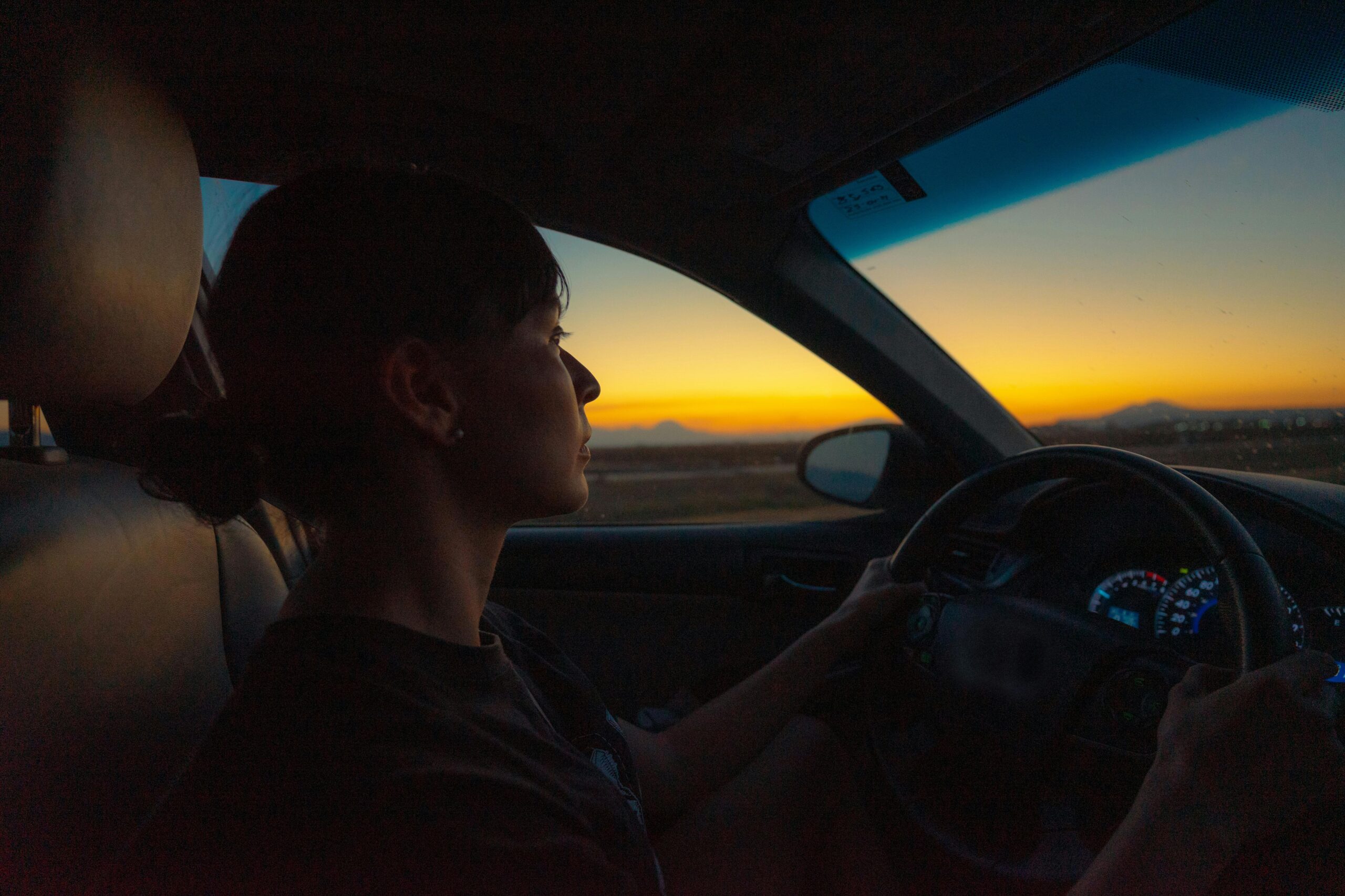 Silhouette of a woman driving a car at sunset with scenic view outside.